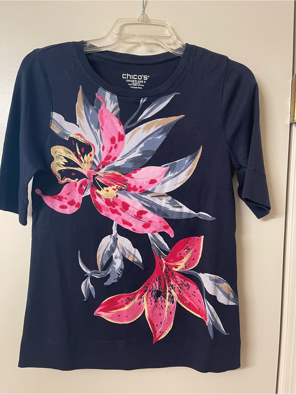 Chico's Navy Floral Tee with Pink and Gray Botanical Print